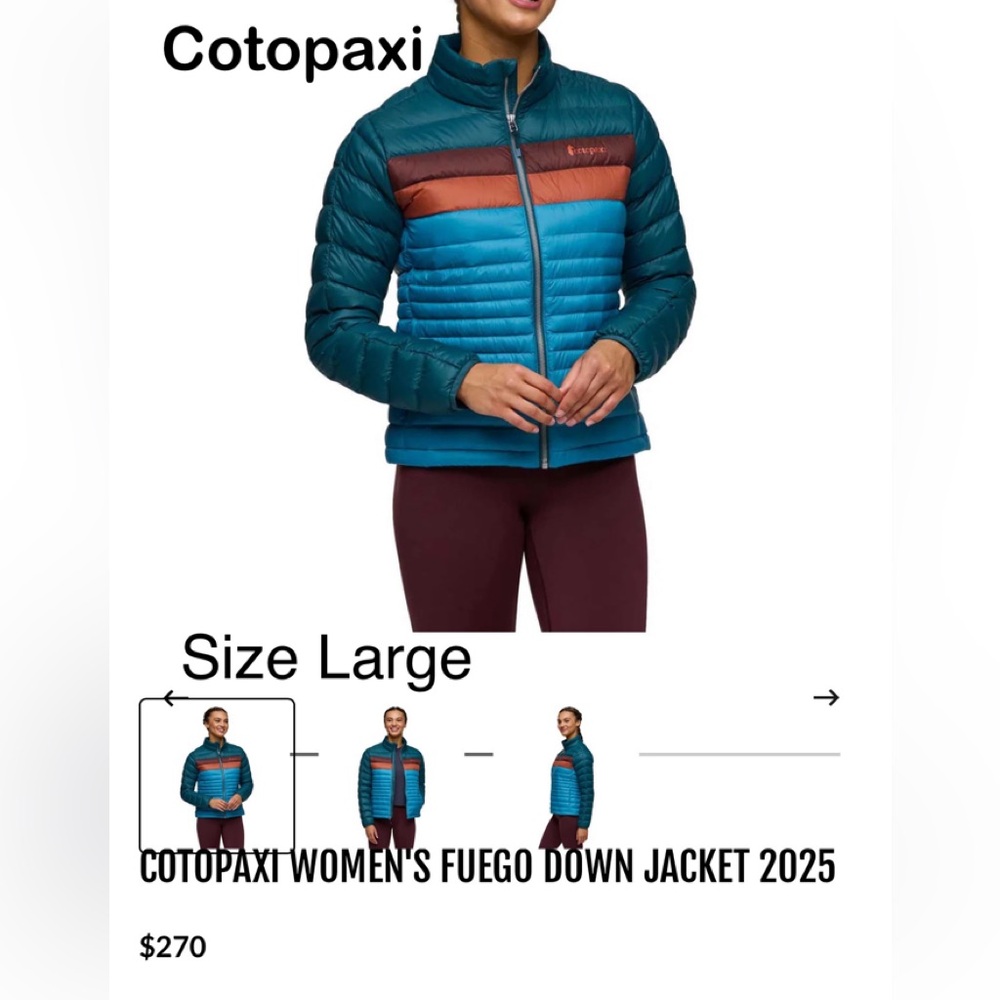 Cotopaxi Women's Puffer Jacket - Tealstripes-NEW with tags -Large